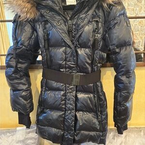SAM. Women's Shiny Black Puffer Coat with Fur Hood